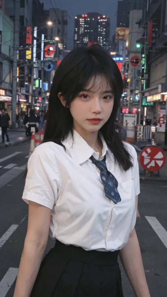 Best quality， Ultra-high resolution， （realistically：1.4），（natta），（looking at viewert：1.331），（White hair），placed in a，street Tokyo，nighttime scene，The city of cyberpunk，the soft light，1个Giant Breast Girl，Extremely beautiful face，chest circumference，putdownhands，random hair style，Random expression，largeeyes，arwen，（short- sleeved。Jie Kang_The shirt）， Jie Kang_styled， （Dark Blue Jay Kang_a skirt）， （Gong Jiekang_tiese）， mix4.， Best quality