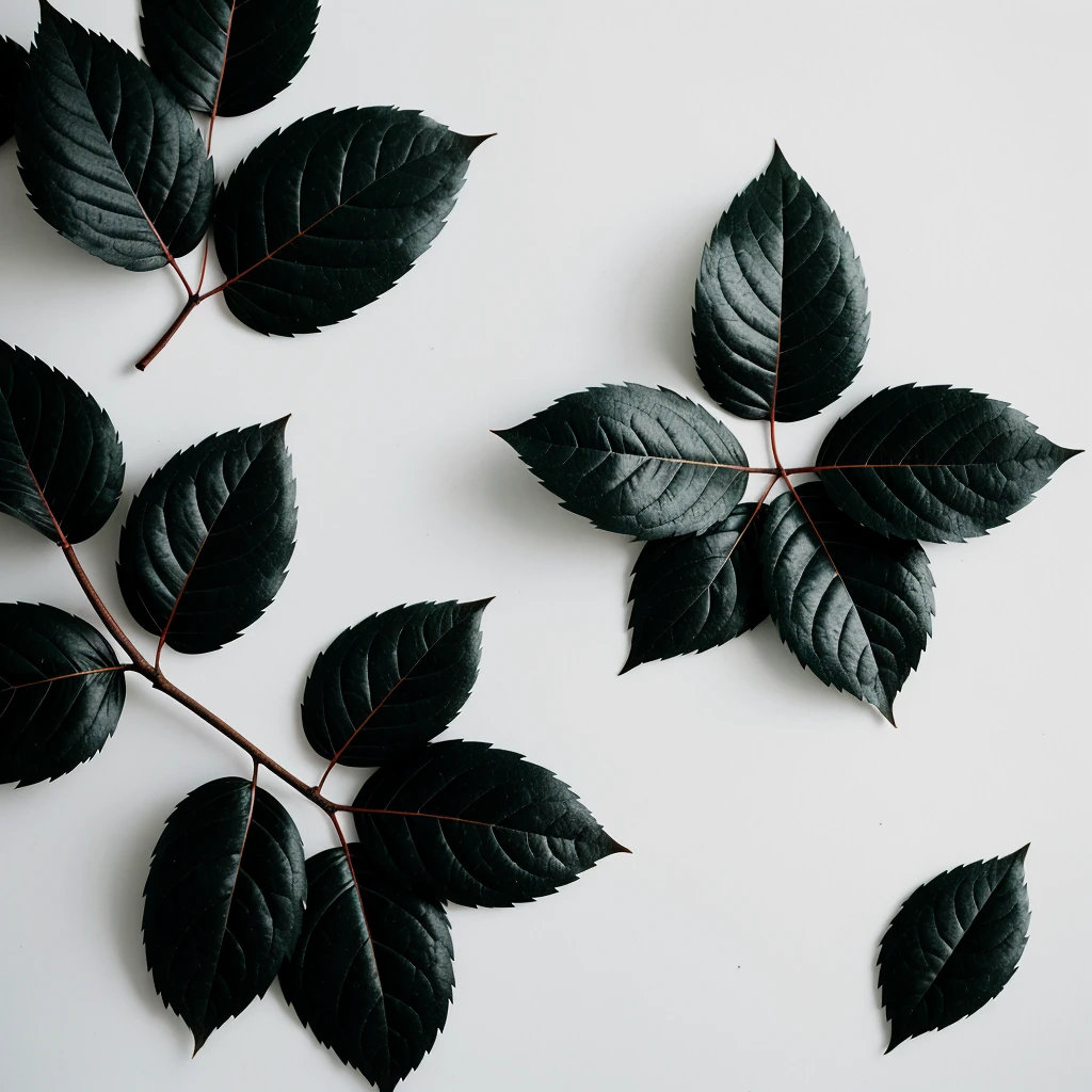 generate for me minimalistic, very realistic black leaves of a plant on a snow-white background