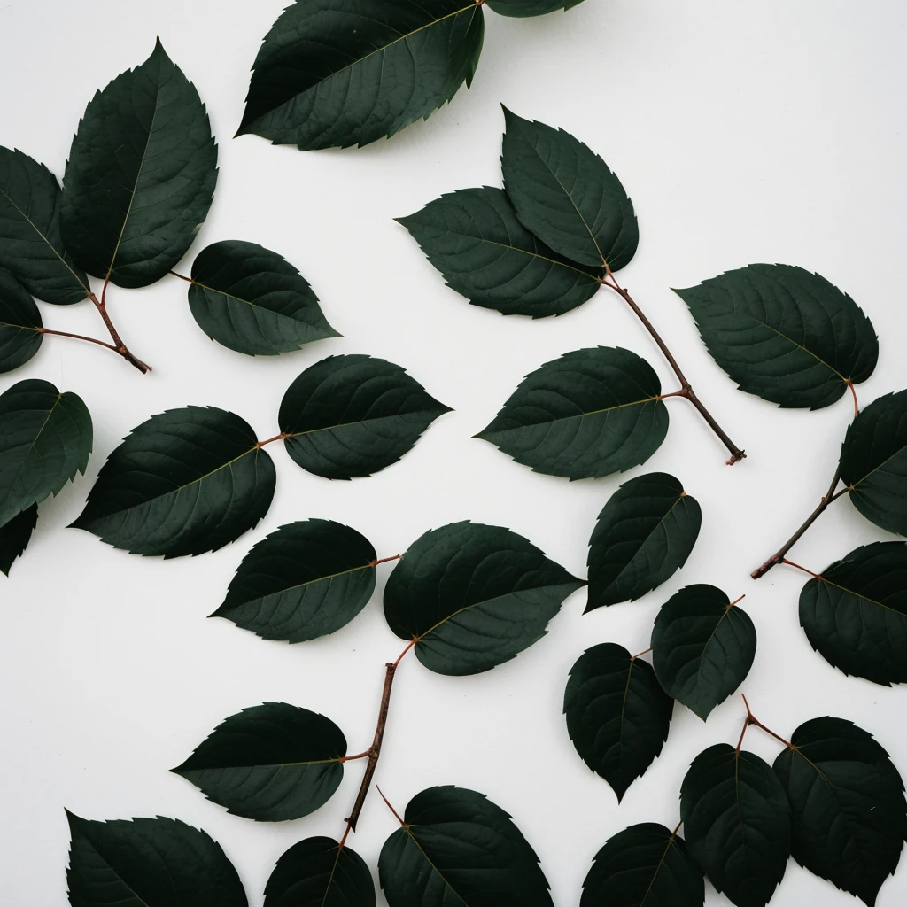 generate for me minimalistic, very realistic black leaves of a plant on a snow-white background