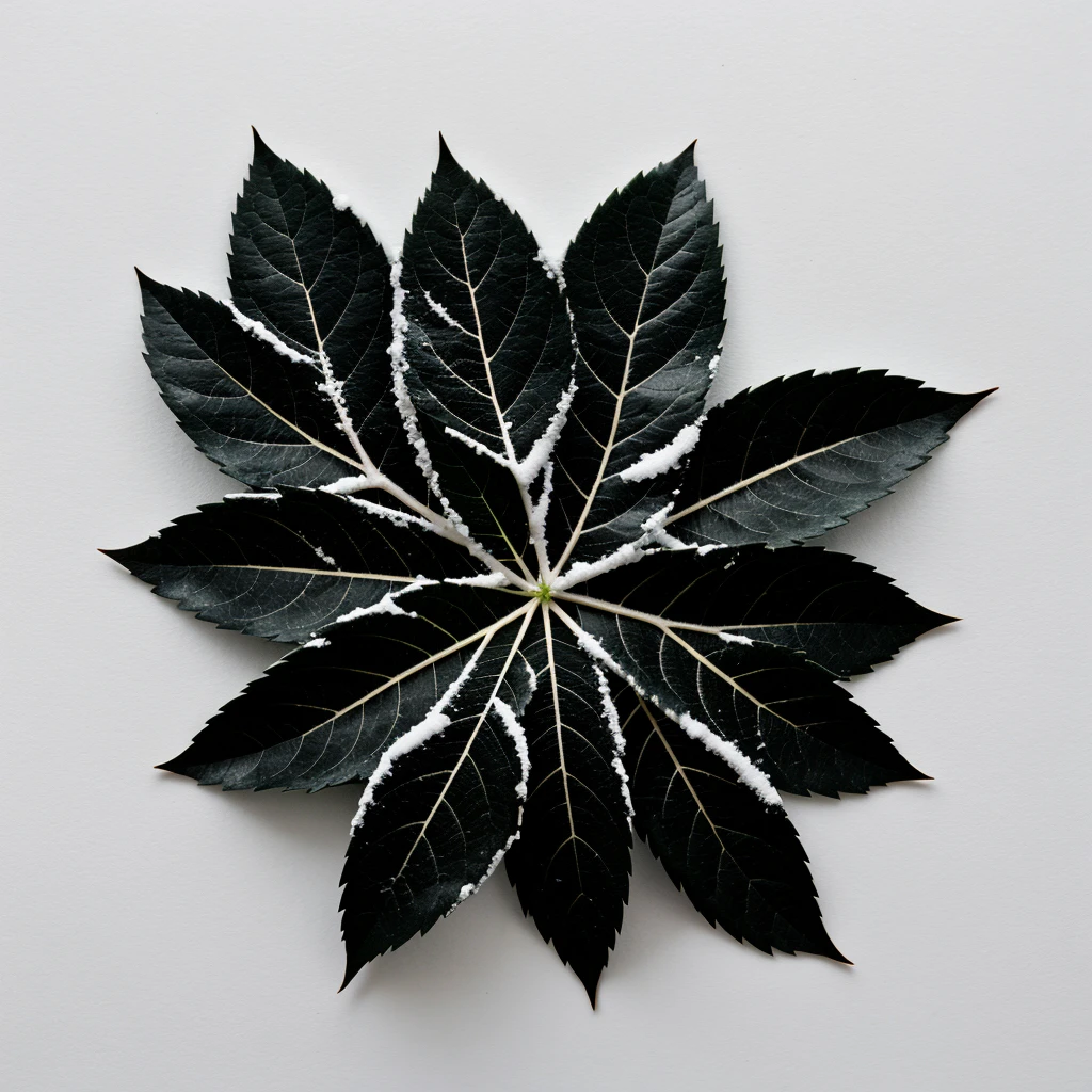 generate for me minimalistic, very realistic black leaves of a plant on a snow-white background