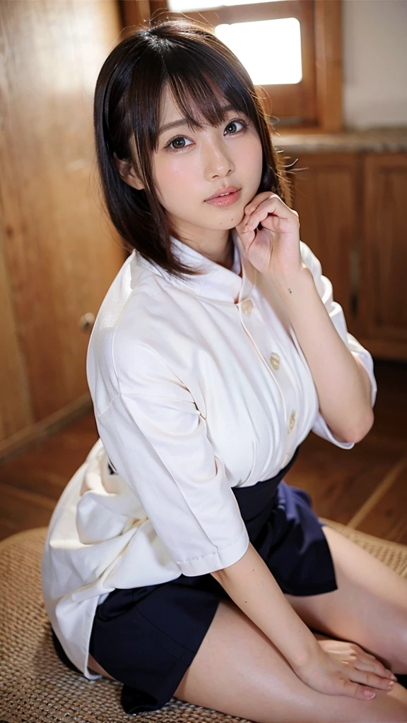 Photo-realistic quality、A woman in a white blouse is holding a golf club, Japanese girls uniform, Cute school girl, Realistic young gravure idol, Young and cute gravure idol, High school girl posing, Surreal , Young and skinny gravure idol,Girl wearing short-sleeved blouse, Japanese Model、Sheer white blouse