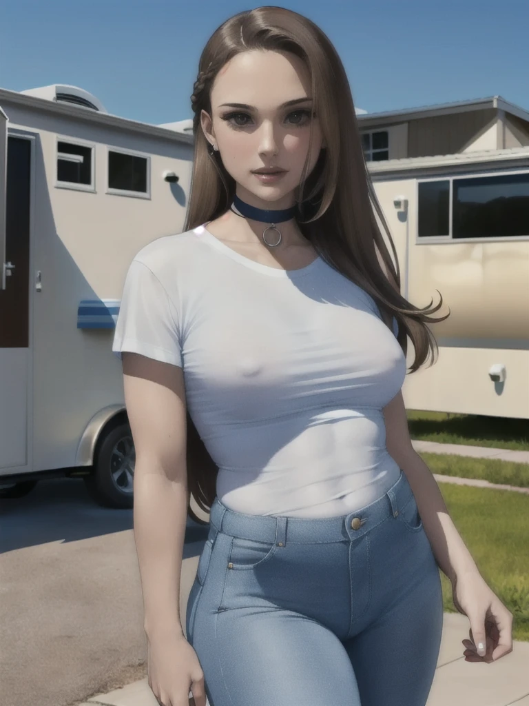 Natalie Portman, masterpiece quality, (masterpiece quality:1.3), realistic, (realistic:1.3), detailed, solo, 1girl, (1girl;1.9), alone, (alone:1.9), in a trailer park, mobile homes in background, long hair, (long hair:1.5), wearing choker collar, wearing white tshirt, (white tshirt:1.5), wearing blue jeans, (blue jeans:1.5),