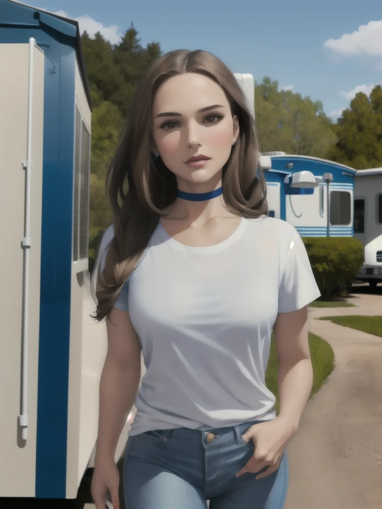 Natalie Portman, masterpiece quality, (masterpiece quality:1.3), realistic, (realistic:1.3), detailed, solo, 1girl, (1girl;1.9), alone, (alone:1.9), in a trailer park, mobile homes in background, long hair, (long hair:1.5), wearing choker collar, wearing white tshirt, (white tshirt:1.5), wearing blue jeans, (blue jeans:1.5), 