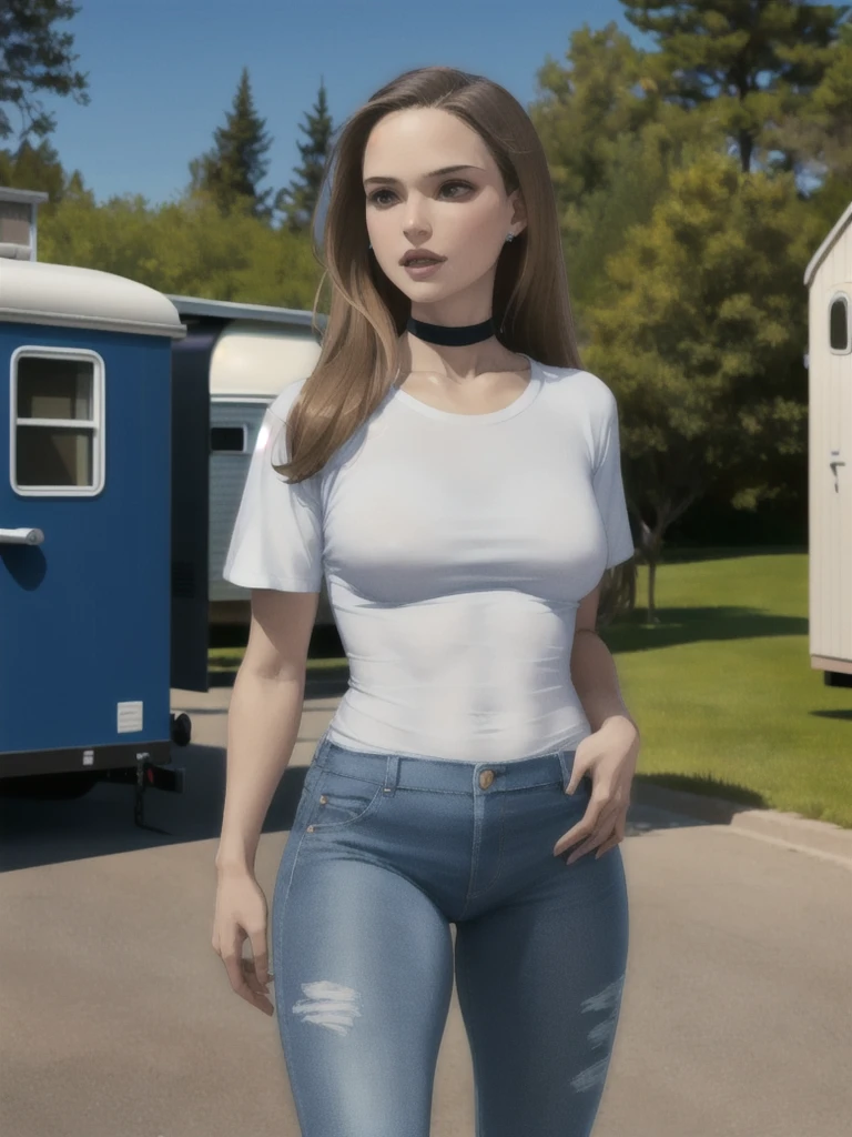 Natalie Portman, masterpiece quality, (masterpiece quality:1.3), realistic, (realistic:1.3), detailed, solo, 1girl, (1girl;1.9), alone, (alone:1.9), in a trailer park, mobile homes in background, long hair, (long hair:1.5), wearing choker collar, wearing white tshirt, (white tshirt:1.5), wearing blue jeans, (blue jeans:1.5), 