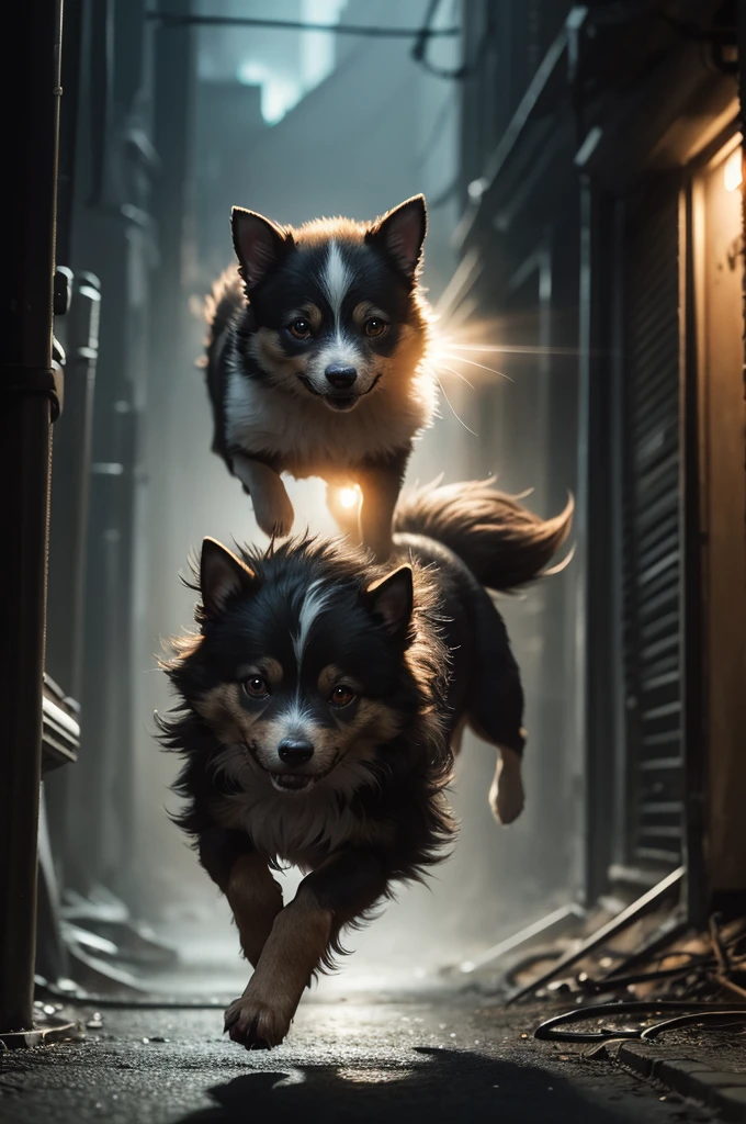 horror book cover, main character small dog with light fur running through the dark streets