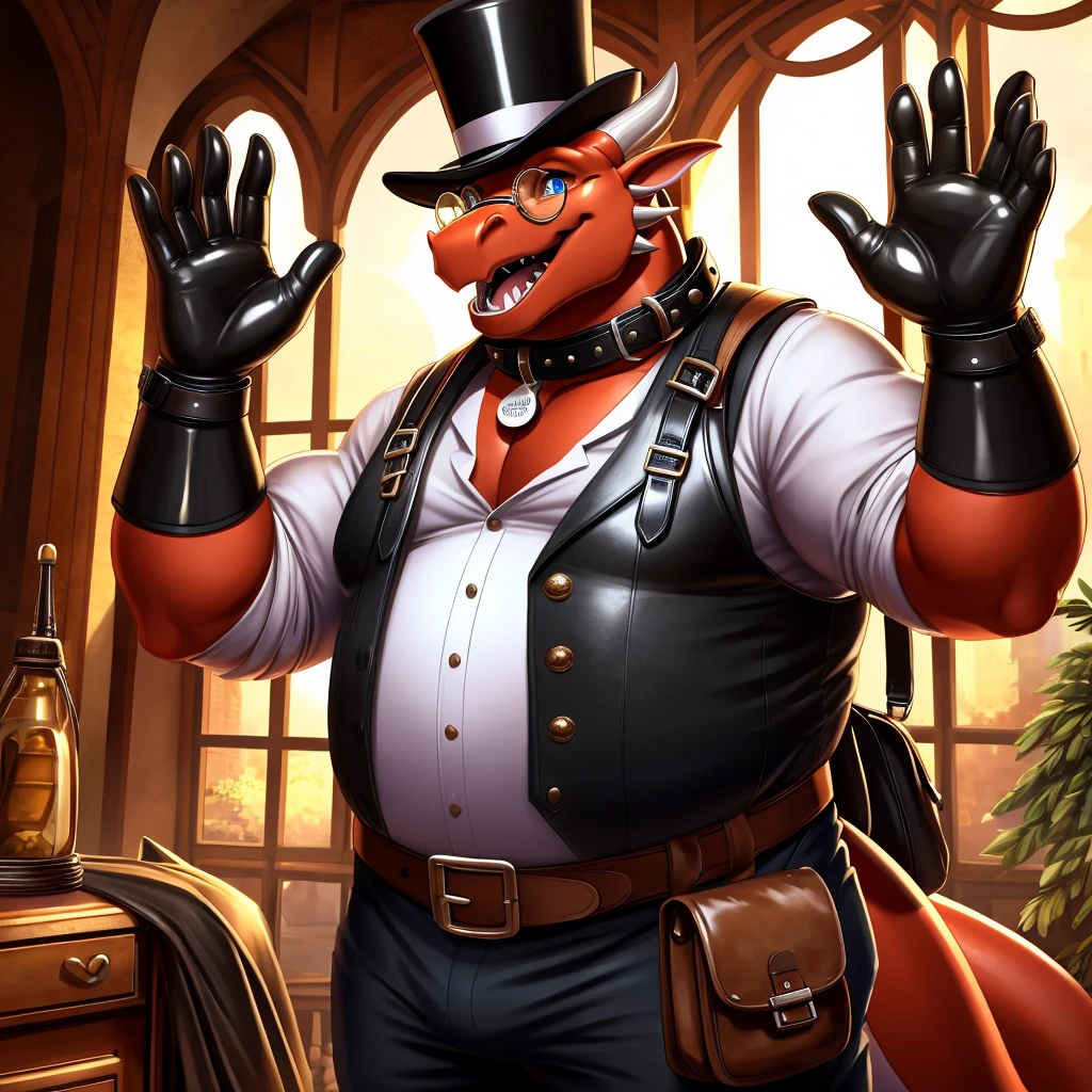 Solo, Male, fat, extremely obese, gentleman, dapper Professor Dragon, blue eyes, (soft shading), 4k, hi res, ((detailed face, detailed)), looking at viewer, mouth wide open, steampunk, collared shirt with buttons, top hat, male focus, Explorer Outfit, glasses, monocle, bag, vest with buttons, backpack, sleeves rolled up, round eyewear, brown headwear, brown vest, Dragon is wearing a glossy leather dog collar around the neck, Dragon is wearing the leather collar and shirt and vest at the same time, Dragon is wearing glossy white rubber gloves on the hands, wearing white rubber gloves on the feet, gloves are rubber in texture, open mouth, waving, leather collar is glossy and shiny with a lot of detail, Dragon is wearing gloves and leather collar at the same time, leather collar has a round dog-tag, leather collar is thick and detailed.