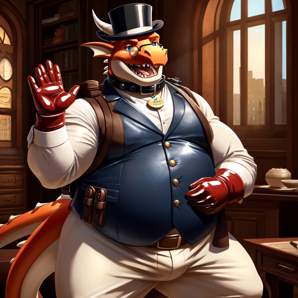 Solo, Male, fat, extremely obese, gentleman, dapper Professor Dragon, blue eyes, (soft shading), 4k, hi res, ((detailed face, detailed)), looking at viewer, mouth wide open, steampunk, collared shirt with buttons, top hat, male focus, Explorer Outfit, glasses, monocle, bag, vest with buttons, backpack, sleeves rolled up, round eyewear, brown headwear, brown vest, Dragon is wearing a glossy leather dog collar around the neck, Dragon is wearing the leather collar and shirt and vest at the same time, Dragon is wearing glossy white rubber gloves on the hands, wearing white rubber gloves on the feet, gloves are rubber in texture, open mouth, waving, leather collar is glossy and shiny with a lot of detail, Dragon is wearing gloves and leather collar at the same time, leather collar has a round dog-tag, leather collar is thick and detailed.