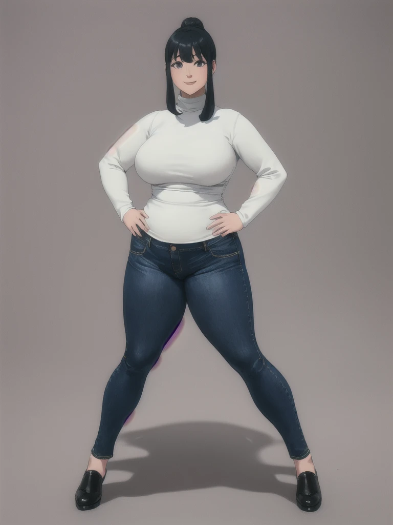 Beautiful face but chubby face, Chubby Yor briar, Hands on hips, Stand up straight, ((Full body)), (low head 1.5), A little chubby body type and small breasts, masterpiece, tight denim pants, ((small breasts)), thick legs++, Full body+, Solo, Swollen face, 1 woman, (white long sleeve tutleneck 1.5,) (tight turtle neck 1.5), white turtle neck, navy blue Denim pants, thick thighs, low rise navy blue denim pants, solo, simple background, masterpiece, best quality, black hair, A chubby figure that seems real, smile, High saturation