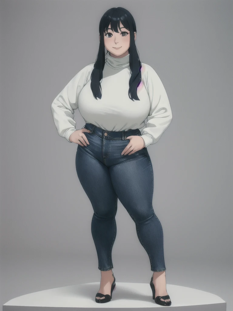 Beautiful face but chubby face, Chubby Yor briar, Hands on hips, Stand up straight, ((Full body)), (low head 1.5), A little chubby body type and small breasts, masterpiece, tight denim pants, ((small breasts)), thick legs++, Full body+, Solo, Swollen face, 1 woman, (white long sleeve tutleneck 1.5,) (tight turtle neck 1.5), white turtle neck, navy blue Denim pants, thick thighs, low rise navy blue denim pants, solo, simple background, masterpiece, best quality, black hair, A chubby figure that seems real, smile, High saturation