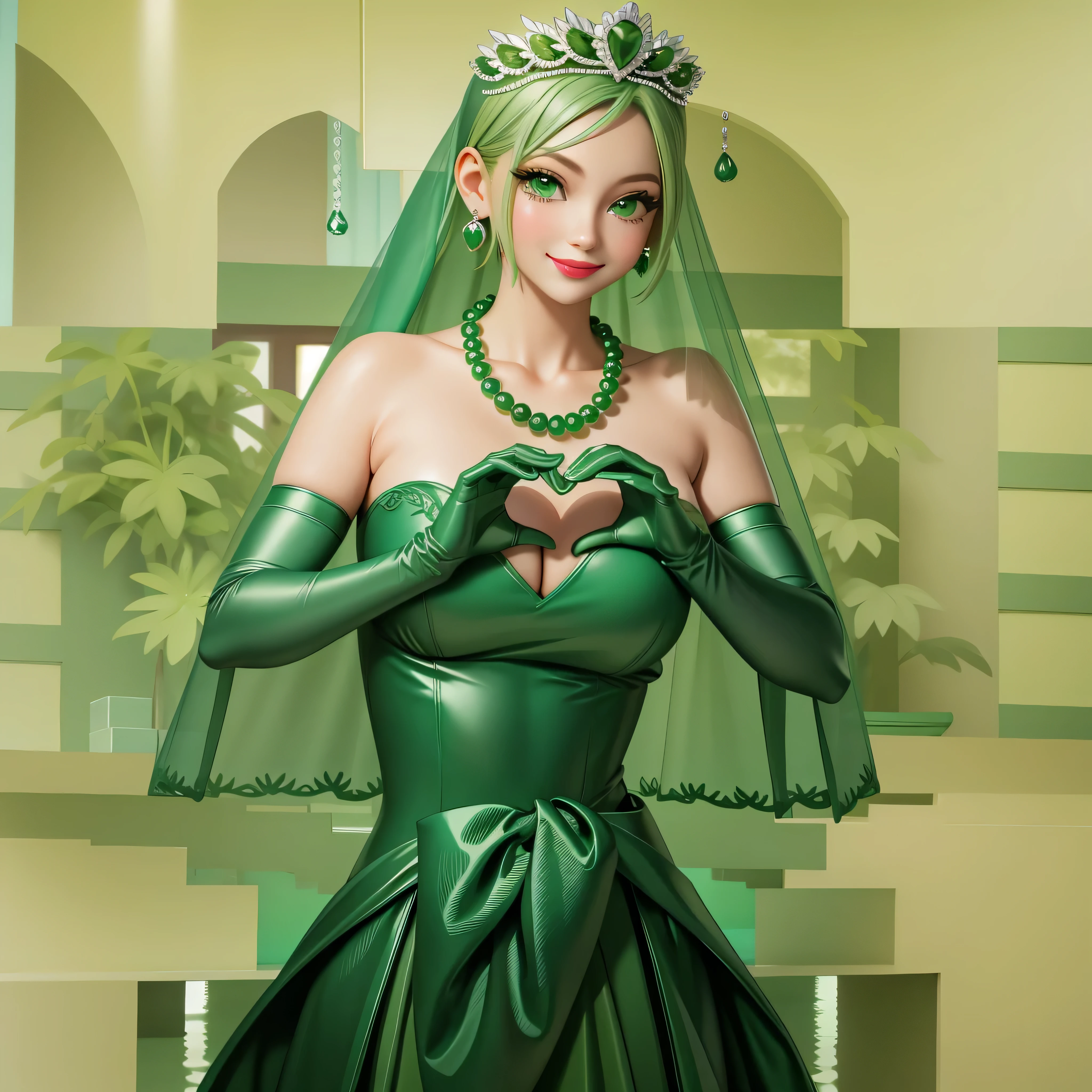 emerald tiara, Green Pearl Necklace, Boyish very short green hair, Green Lips, Smiling Japanese woman, Very short hair, Busty beautiful lady, Green Eyes, Green satin long gloves, Green Eyes, Emerald Earrings, Green veil, Heart with both hands, Green Hair, Beautiful Japanese Woman, Heart shaped hands:1.3, green lip gloss