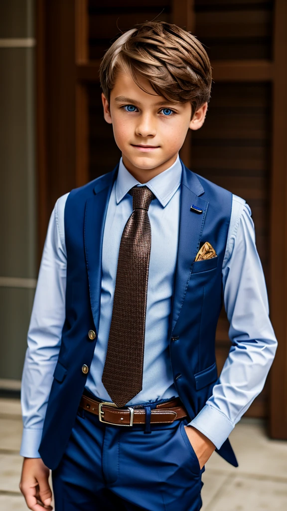 13 year old male wearing tie and lomg sleveed  button up with blazer and vest with dress pants and belts
4K HIGH REZ 

Physical Description: Brown colored hair and skinny build. 5"5 and 150 LB. Blue eyes. 

.