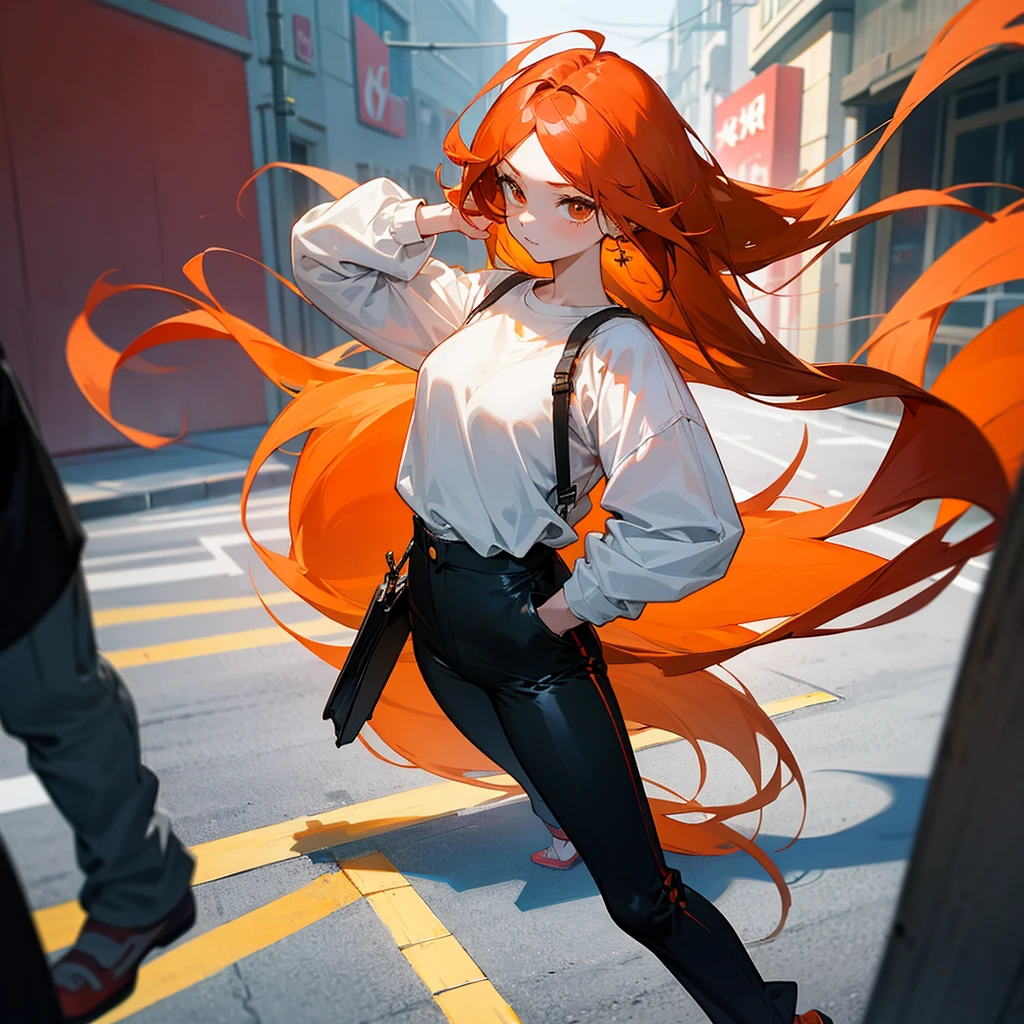 Creates an anime girl with long reddish-orange hair who is walking down the street with a white shirt and black pants and talking on the cell phone.