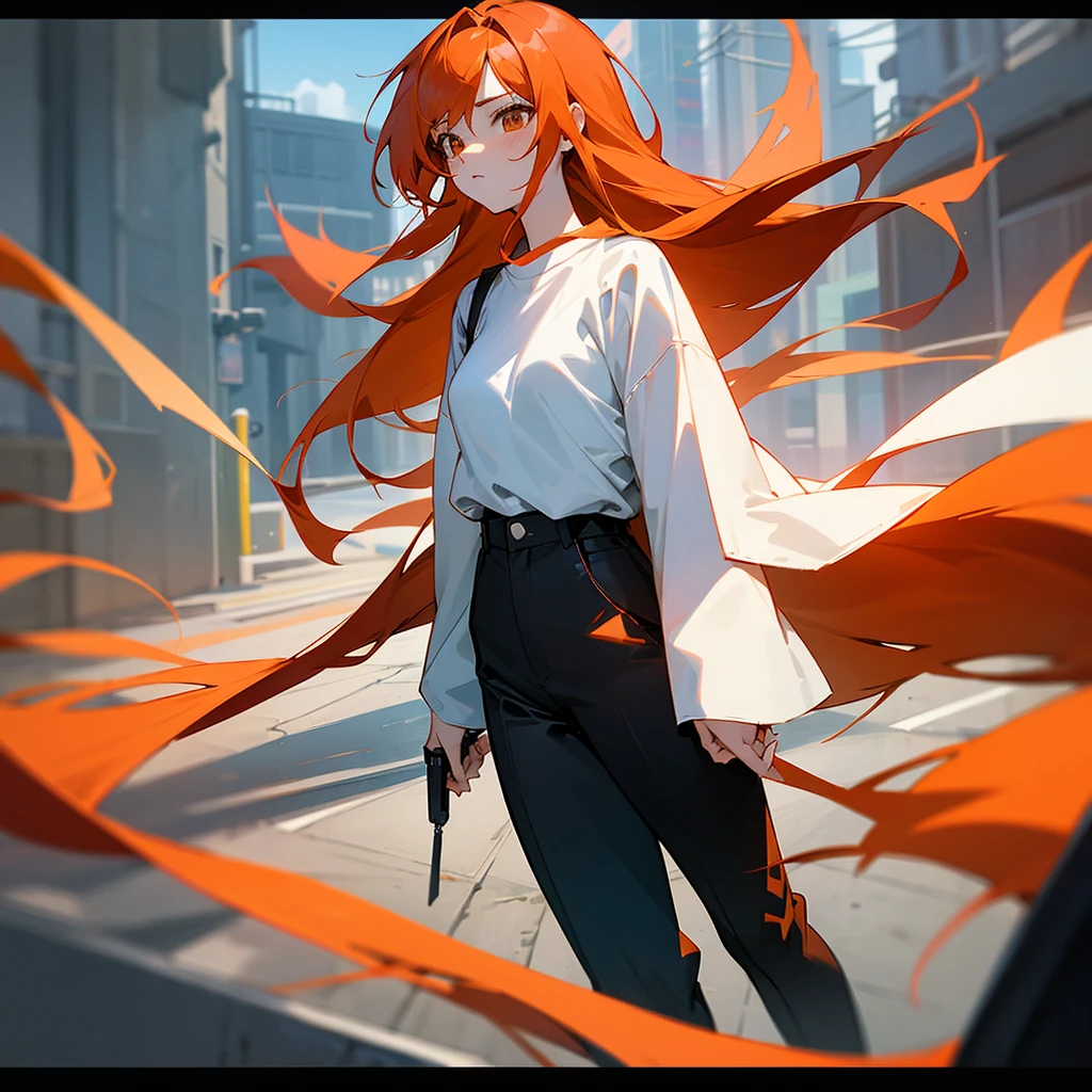 Creates an anime girl with long reddish-orange hair who is walking down the street with a white shirt and black pants and talking on the cell phone.