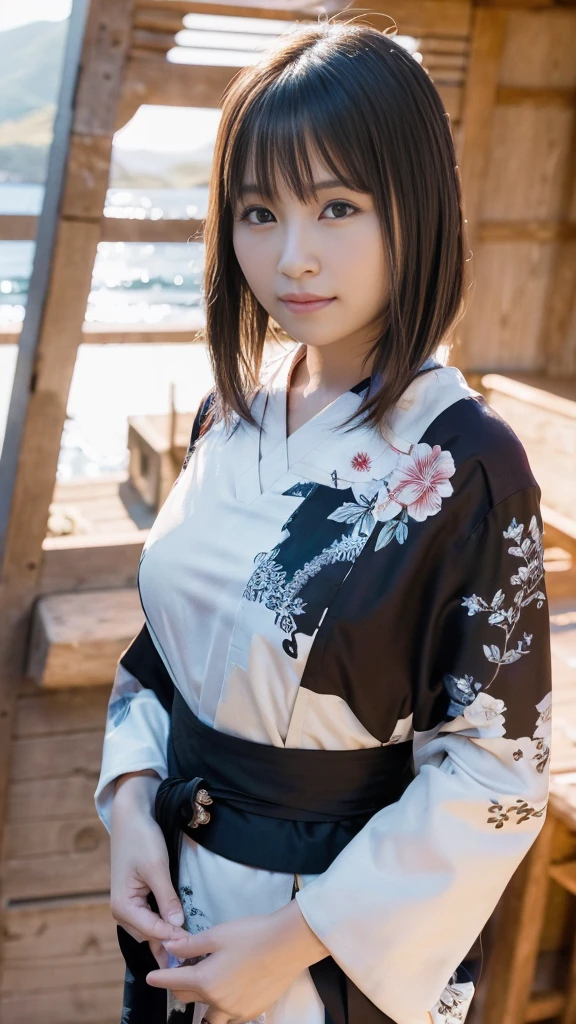 masterpiece, best quality, ultra quality, high quality, realistic, photo realistic, warm lighting,natural lighting,cinematic lighting,RAW photo, hyper detailed, intricate detailed, perfect anatomy, Fujifilm XT3,(cowboy shot),1 woman, Japanese beautiful woman,babyface,black long straight hair,
(yukata,japanese clothes,obi, sash, floral print, obijime),(large breasts:1.2),(slender body:1.2),sweaty, closed mouth, tan skin,sunburn tanline,smile,black eyes,looking at viewer,(beach),(sunset),