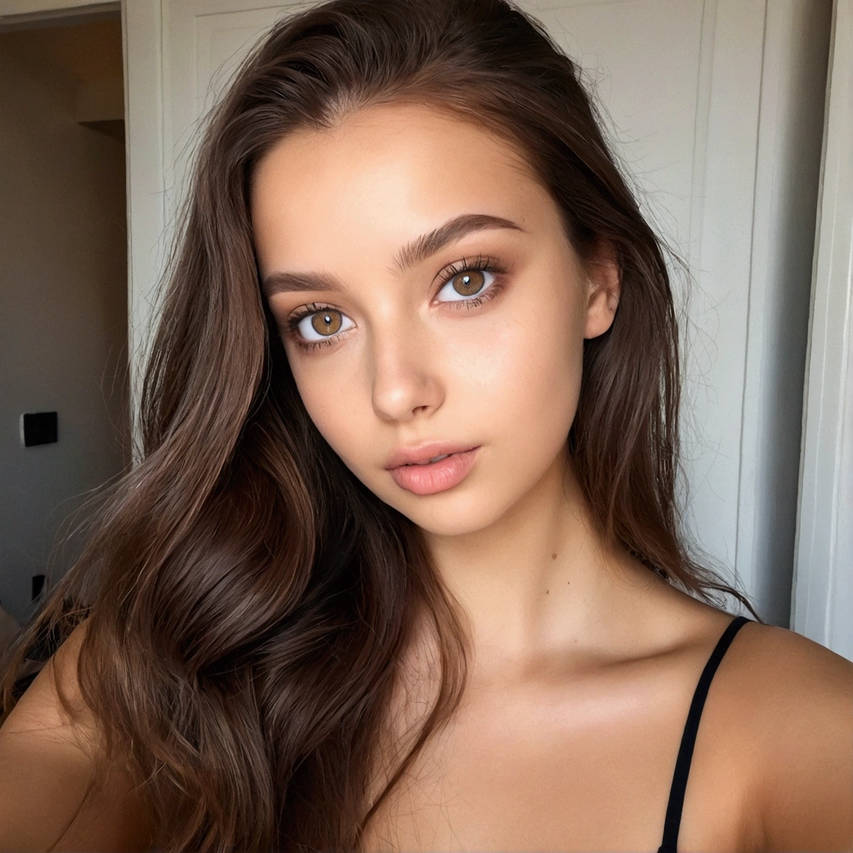 arafed femme pleinement , fille sexy aux yeux marrons, ultra réaliste, Méticuleusement détaillé, portrait sophie mudd, cheveux bruns et grands yeux, selfie d'une jeune femme, yeux de la chambre,myers, sans maquillage, maquillage naturel, regarder directement la caméra, visage avec artgram, maquillage subtil,