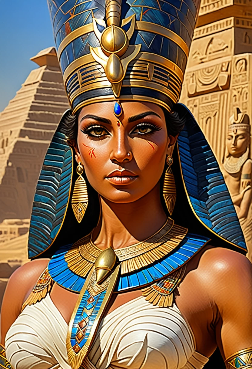 ethereal fantasy concept art, tribal style Concept art, portrait of a Egyptian Queen, Mesopotamian female, powerful ruler queen, penetrating gaze, warrior king, ruler of the world, classic antiquity, highly detailed ral-camo, detailed skin with visible pores, masterpiece, 8k, hdr, art by Greg Rutkowski, palette knife painting with acrylic . indigenous, ethnic, traditional patterns, bold, natural colors, highly detailed . magnificent, celestial, ethereal, painterly, epic, majestic, magical, fantasy art, cover art, dreamy