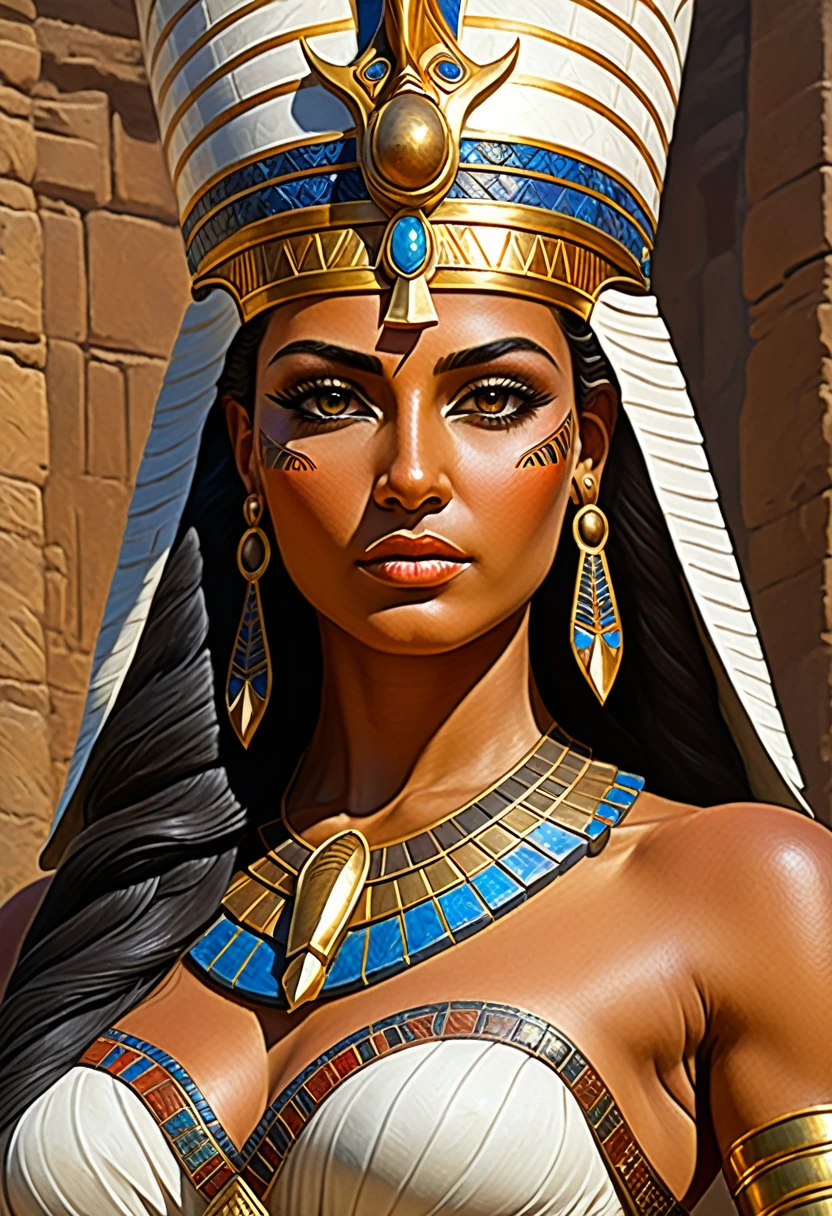 ethereal fantasy concept art, tribal style Concept art, portrait of a Egyptian Queen, Mesopotamian female, powerful ruler queen, penetrating gaze, warrior king, ruler of the world, classic antiquity, highly detailed ral-camo, detailed skin with visible pores, masterpiece, 8k, hdr, art by Greg Rutkowski, palette knife painting with acrylic . indigenous, ethnic, traditional patterns, bold, natural colors, highly detailed . magnificent, celestial, ethereal, painterly, epic, majestic, magical, fantasy art, cover art, dreamy