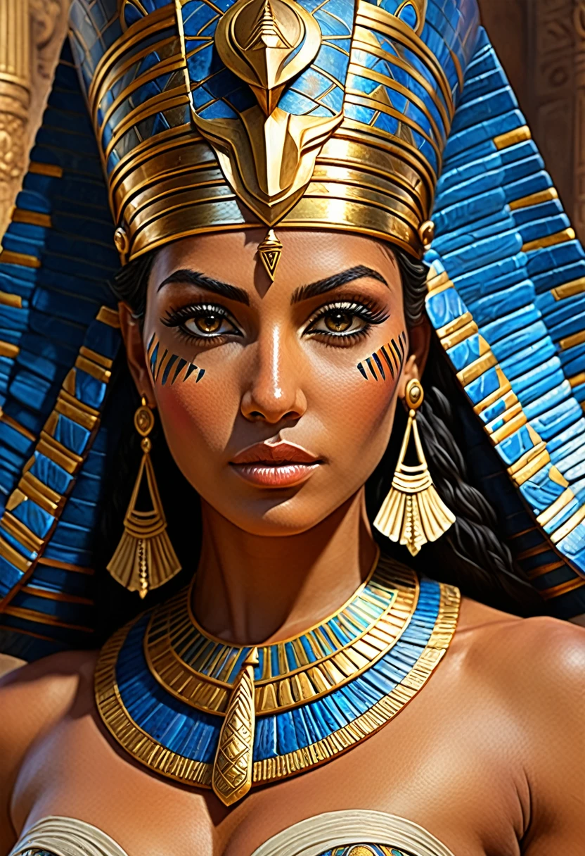 ethereal fantasy concept art, tribal style Concept art, portrait of a Egyptian Queen, Mesopotamian female, powerful ruler queen, penetrating gaze, warrior king, ruler of the world, classic antiquity, highly detailed ral-camo, detailed skin with visible pores, masterpiece, 8k, hdr, art by Greg Rutkowski, palette knife painting with acrylic . indigenous, ethnic, traditional patterns, bold, natural colors, highly detailed . magnificent, celestial, ethereal, painterly, epic, majestic, magical, fantasy art, cover art, dreamy