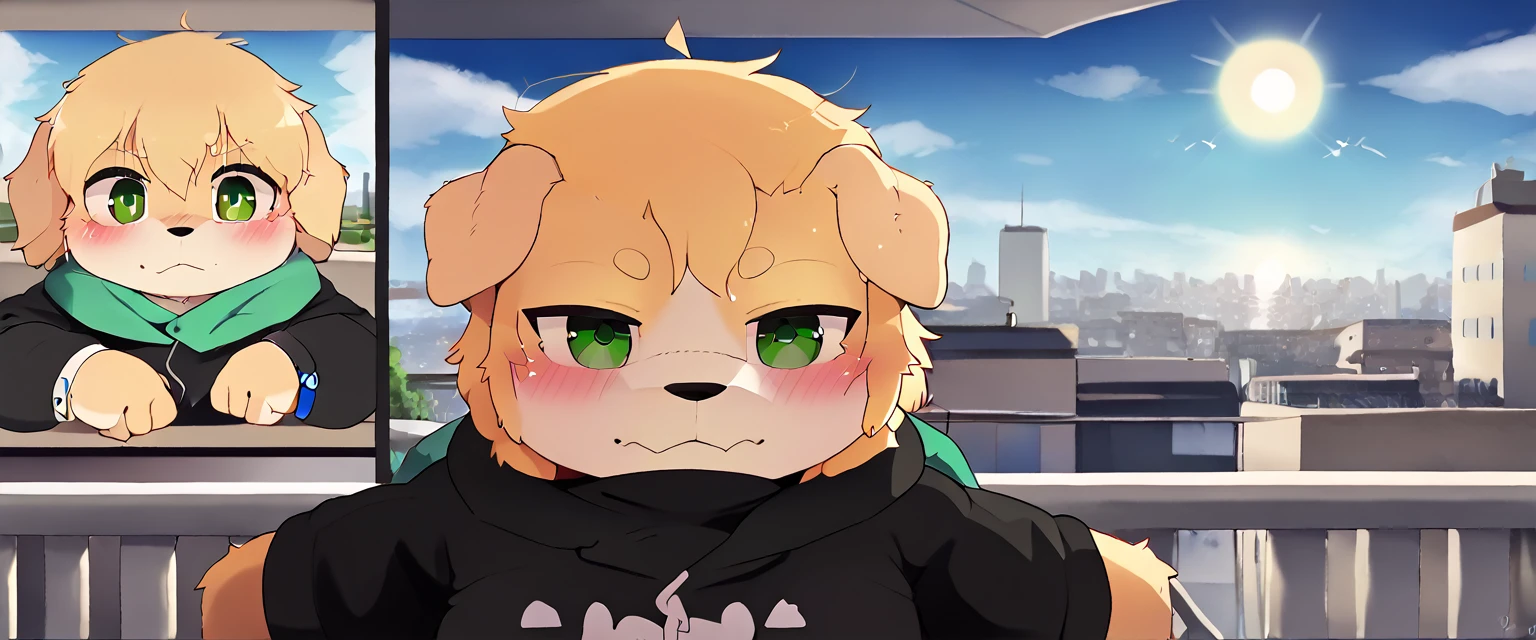 cu sith \(tas\), bird dog, canid, canine, canis, domestic dog, golden retriever, hunting dog, mammal, retriever, anthro, city, clothing, floppy ears, fur, green eyes, hoodie, male, scarf, slightly chubby, solo, topwear, wristband, yellow body, yellow fur, arms over balcony, pondering, looking at sky, leaning towards balcony, clear sky, sun ray, on top of a building, arms on railing, arms holding head, bending arms, facing away from viewer, angled view, face pov, face focus, close-up, headshot portrait by chunie, by null-ghost, by darkgem,