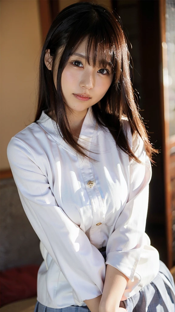 arafed asian woman posing for a picture, blouse, beautiful japanese girls face, young cute wan asian face, portrait of a japanese teen, full body, 奈良美智, portrait of mayuri shiina, aoshima chiho, realistic young gravure idol, young gravure idol, young pretty gravure idol, kimi takemura