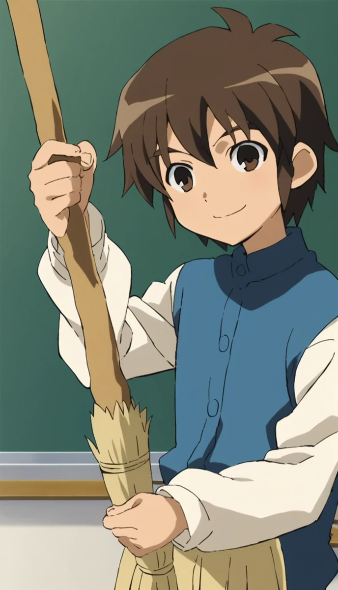 score_9, score_8_superior, score_7_superior, score_6_superior, score_5_superior, score_4_superior, sauce_anime, 1人のboy, Handa Shinichi, Brown Hair, Brown eyes, Pause, anime, 一人のboy, Handa Shinichi, Brown Hair, Brown eyes, stop temporarily, smile, View your audience, Cartoon man with a broom, Man with a broom, 床をcleaningする, juvenile, doing hard work, Using a broom, High quality illustrations, , classroom、boy、cleaning、cleaning当番、housework、anime, 一人のboy, Handa Shinichi, Brown Hair, Brown eyes,stand、床をほうきでcleaningする、evening、1人のboy、Concept art illustration、The background is the main、evening