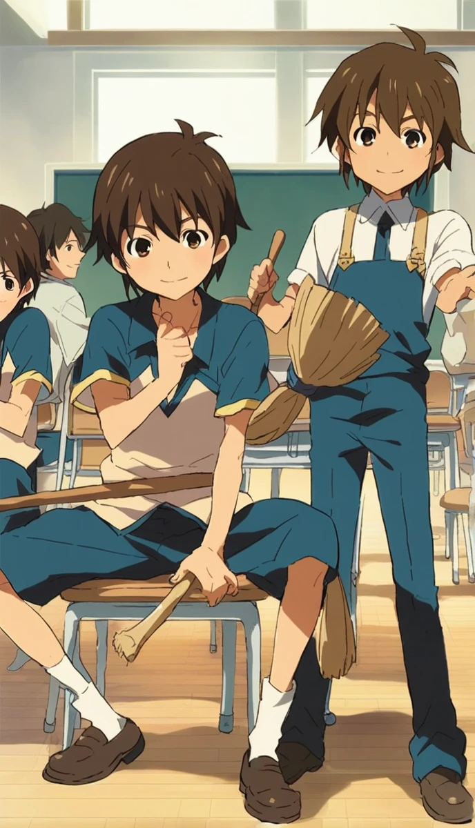 score_9, score_8_superior, score_7_superior, score_6_superior, score_5_superior, score_4_superior, sauce_anime, 1人のboy, Handa Shinichi, Brown Hair, Brown eyes, Pause, anime, 一人のboy, Handa Shinichi, Brown Hair, Brown eyes, stop temporarily, smile, View your audience, Cartoon man with a broom, Man with a broom, 床をcleaningする, juvenile, doing hard work, Using a broom, High quality illustrations, , classroom、boy、cleaning、cleaning当番、housework、anime, 一人のboy, Handa Shinichi, Brown Hair, Brown eyes,stand、床をほうきでcleaningする、evening、1人のboy、Concept art illustration、The background is the main、evening