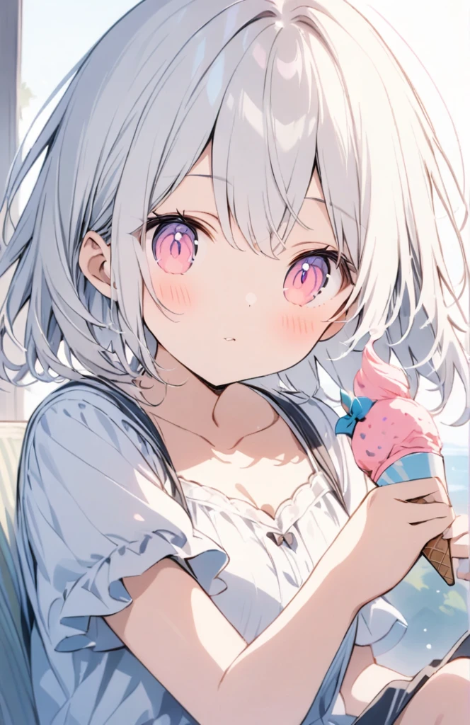 White hair, pink eyes, long, dreamy, ice cream