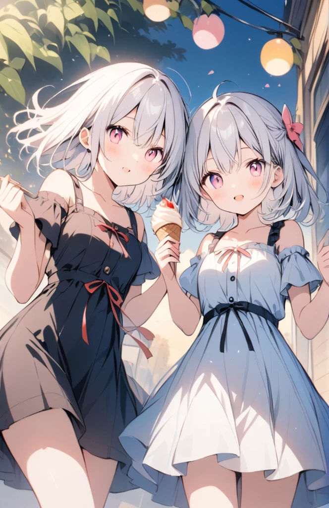 White hair, pink eyes, long, dreamy, ice cream