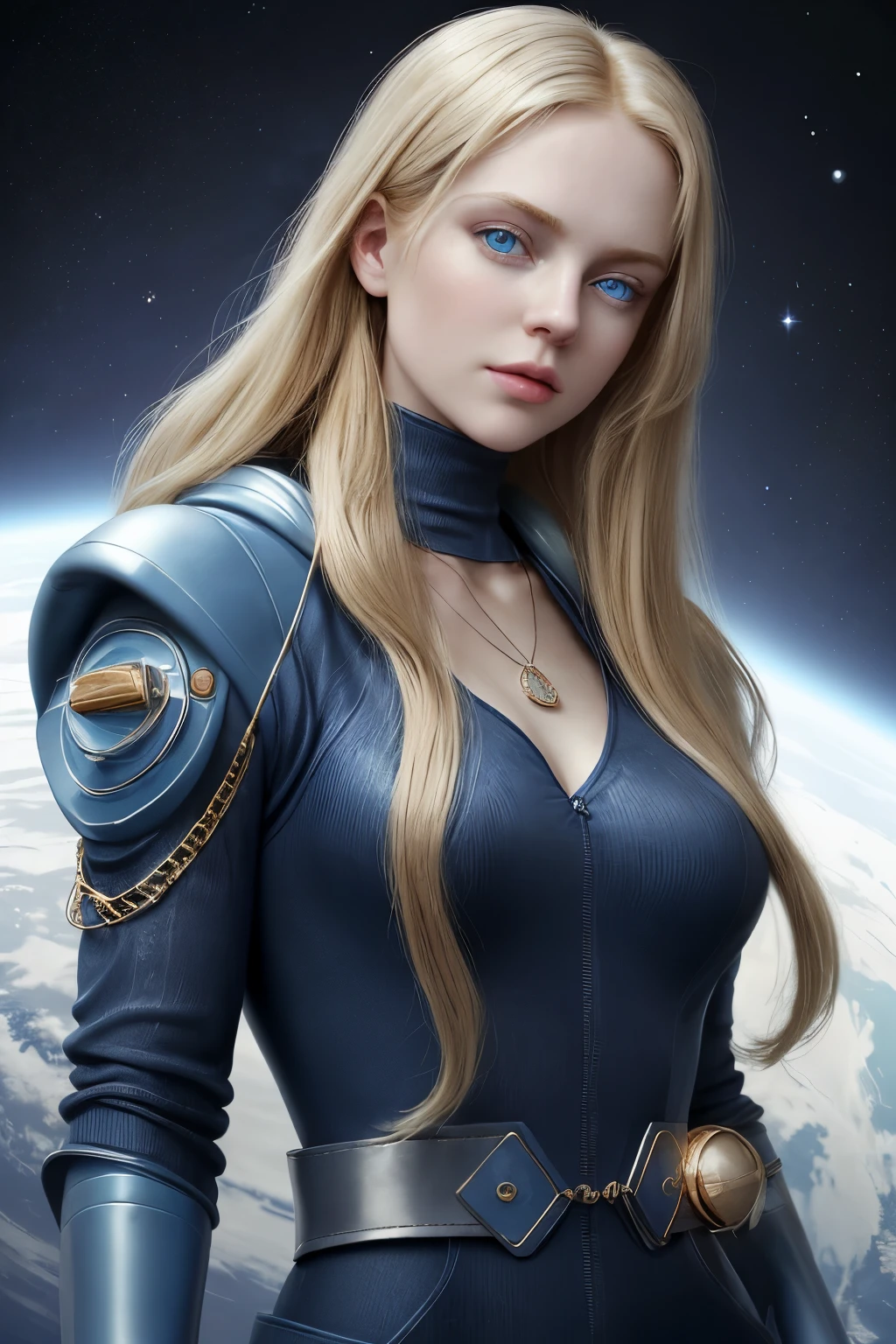 Anastasia had long, blonde hair, deep blue eyes that reflected his intelligence and determination. She had fair skin, voluptuous body and an upright posture that conveyed confidence. Anastasia always wore a necklace with a pendant that belonged to her mother., a symbol of their commitment to the fight against tyranny. He wore a modern space suit, glued to the body which brought greater mobility, with accessories on your waist. fully body