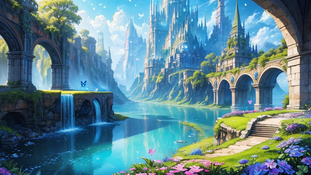 make it perfect to put on the cover of the channel on YouTube,((highest quallity)),(ultra-high resolution),(very detailled),(Detailed Description),((The best CG)),(a masterpiece),ultra-detailed art,amazing drawing art,(Fantasy art with intricate details:1.5), Utopia of eternal spring,Colorful butterflies、The blue sky stretches infinitely、clear flow、Little Flower々、a person in the middle
