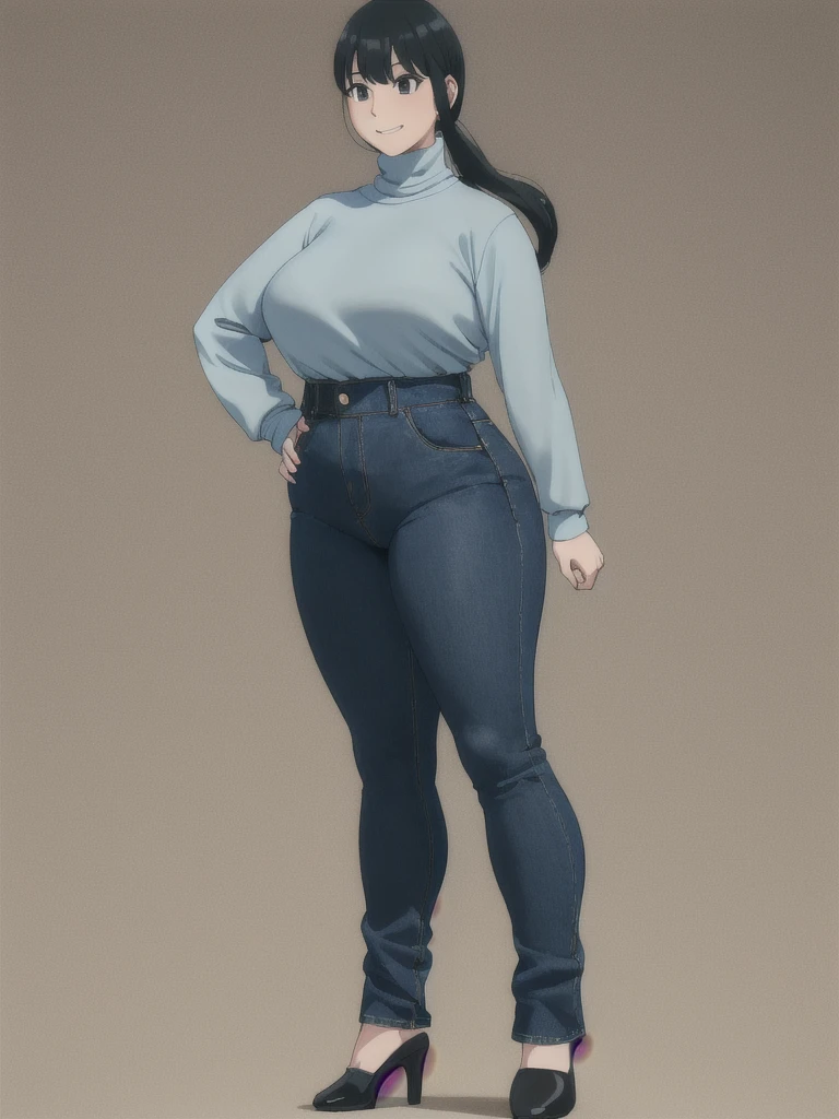 Bow legs, Beautiful face but chubby face, Chubby Yor briar, Hands on hips, Stand up straight, ((Full body)), (low head 1.5), A little chubby body type and small breasts, masterpiece, tight denim pants, ((small breasts)), thick legs++, Full body+, Solo, Swollen face, 1 woman, (white long sleeve tutleneck 1.5,) (tight turtle neck 1.5), white turtle neck, navy blue Denim pants, thick thighs, low rise navy blue denim pants, solo, simple background, masterpiece, best quality, black hair, A chubby figure that seems real, smile, High saturation