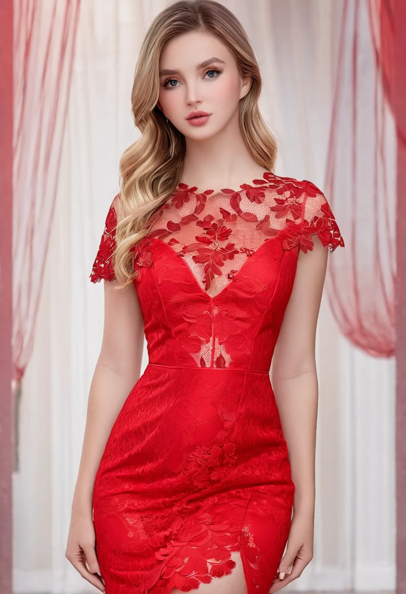 ((high quality:1.2)), (8k), extremely detailed, ((High detail:1.2)), ((best resolution:1.4)), Solo, 24 years old female, ((red lace dress)), 