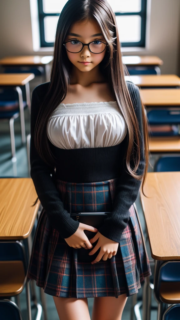 Three different old high school girls, very long hair like rapunzel,plain black color,innocent face, tender,small frame glasses,white blouse with very low neckline, blue plaid skirt, perfect erect nipples, very big huge breasts, thin waist, long and shapely legs, School,wide window, school benches, (taking selfies with phone) Best Quality, Masterpiece, high resolution, 8k, (realist: 1.4), Ultra high resolution, ultra detailed, Surreal, highly detailed CG illustration, Official Art, cinematic light,hyperreality,最high quality, Photoreal, 8k, high resolution, thin skin, 8k hd, Digital single lens reflex camera, light suit, high quality, film grain, fuji xt3