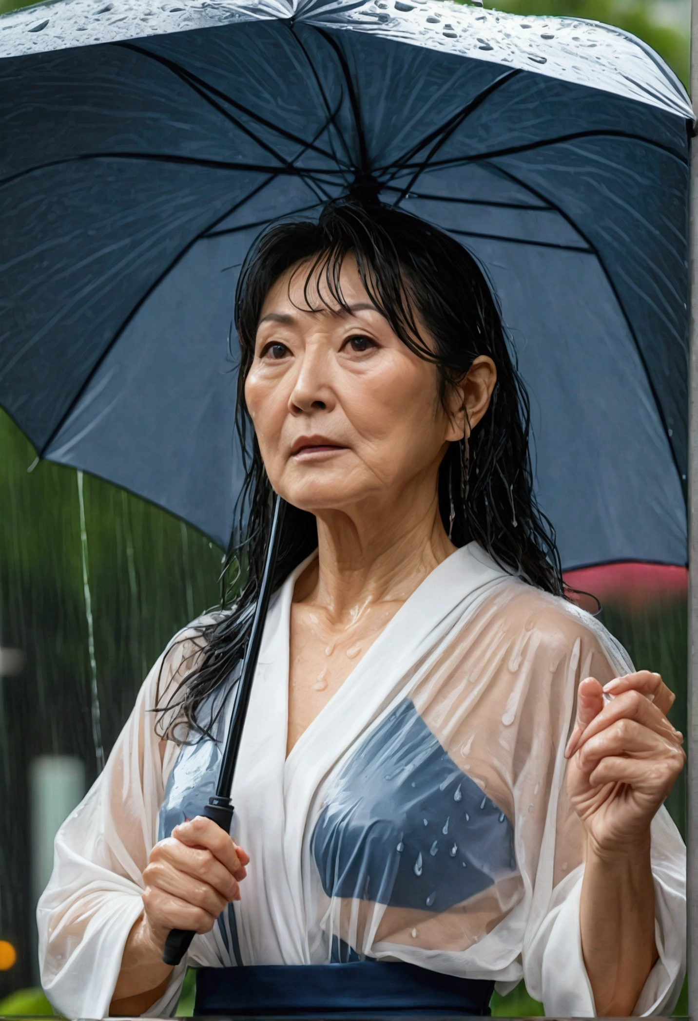 ((highest quality)), ((8K)), ((masterpiece: 1.3)), (Perfect appearance), (Photorealism: 1.6), 
(A 60-year-old Japanese mature woman walking through the city in the rain), BREAK(Japanese Mature walking without an umbrella: 1.4), BREAK (A busy sidewalk in an office district: 1.2), (Detailed background), (Soaking wet), (Full body portrait: 1.4), 
(60 years old, Japanese Mature), ((Realistic skin texture)), (Fine lines all over the skin), (Dull skin), (Facial wrinkles), (Wrinkles around the eyes), double eyelid, Tear bags under the eyelids, 
Melancholic expression, Raindrops running down my face, 
Short bangs, Straight long hair, Rain-soaked hair, (Raindrops dripping down my hair: 1.4), 
BREAK(A thin, fitted white blouse: 1.4),BREAK BREAK(Navy Blue Nobunaga Tight Skirt: 1.4), BREAK (Blouses that get wet and adhere to the skin),  (The wet blouse is visible: 1.6), (The wet flared skirt is transparent), High heels,