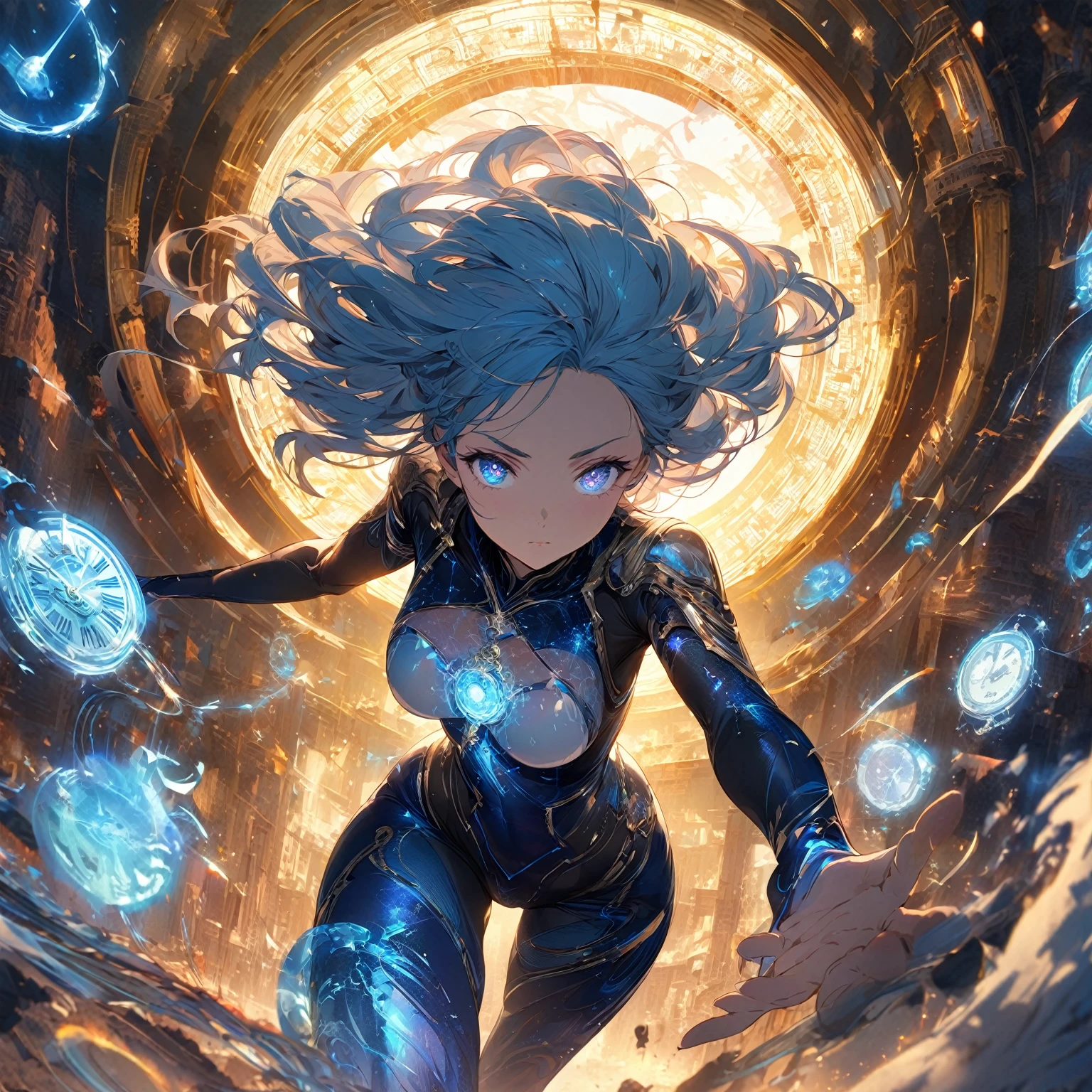 A determined and focused girl with a calm intensity in her eyes, (nude:0.8), slightly distant as if seeing through time. She has long, flowing hair with streaks of silver and blue that shimmer and change with the light. Her deep blue eyes have flecks of gold, symbolizing her connection to infinite timelines. She wears a form-fitting, high-tech bodysuit in shades of midnight blue and silver, adorned with clock gear and constellation patterns. In a dynamic, slightly crouched position, one foot forward as if stepping through a portal. Her right hand extends forward, fingers splayed and glowing with ethereal light, while her left hand cradles an antique pocket watch close to her chest. Surrounded by swirling, translucent time streams that shimmer with iridescent colors. The background is a swirling vortex of temporal energy, with fragments of ancient ruins, futuristic cities, and natural landscapes blending seamlessly. The colors are vibrant and constantly shifting, creating a surreal and timeless environment. She exudes confidence and mastery over her time-manipulating powers, with a semi-transparent, shifting cape trailing behind her, detailed gorgeous face| anime style| key visual| intricate detail| highly detailed| breathtaking| vibrant| panoramic| cinematic| Carne Griffiths| Conrad Roset| gibbli 8k