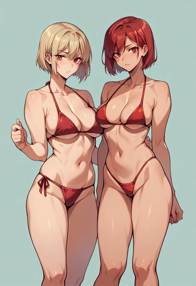 2 girls , red bikini , 1 tall strong girl , 1 short girl