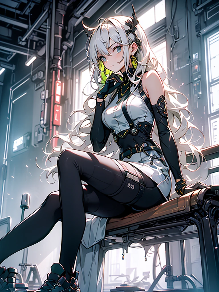 work of art, best qualityer, A girl, standing alone, (((sitting thoughtful, with the arm resting on the thigh and the hand supporting the chin))), Halation, beco, plein-air, bangss, white dress, White hair, long hair, Black shoes, industrial pipe, gazing at viewer, open field, dark lighting, junk, junk bin, hxh2011 full body, BIG ASS