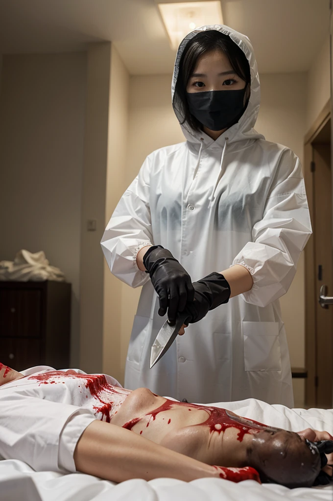 korean girl, (behind corpse, surgical mask), blood splatter, holding knife, stabbing, black gloves, room full of blood, transparent raincoat, hood up, holding knife, black gloves, behind corpse, short hair, night, mass murderer, robbery, in the hotel,