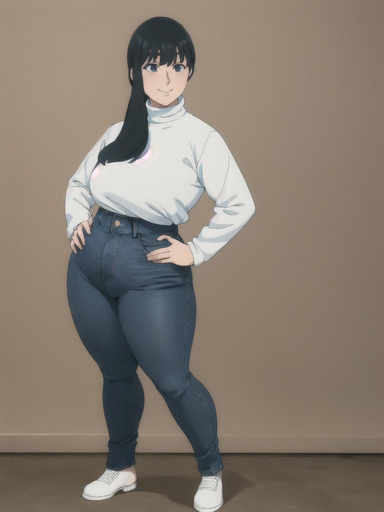 height 150cm, Bow legs, Beautiful face but chubby face, Chubby Yor briar, Hands on hips, Stand up straight, ((Full body)), (low head 1.5), A little chubby body type and small breasts, masterpiece, tight denim pants, ((small breasts)), thick legs++, Full body+, Solo, Swollen face, 1 woman, (white long sleeve tutleneck 1.5,) (tight turtle neck 1.5), white turtle neck, navy blue Denim pants, thick thighs, low rise navy blue denim pants, solo, simple background, masterpiece, best quality, black hair, A chubby figure that seems real, smile, High saturation