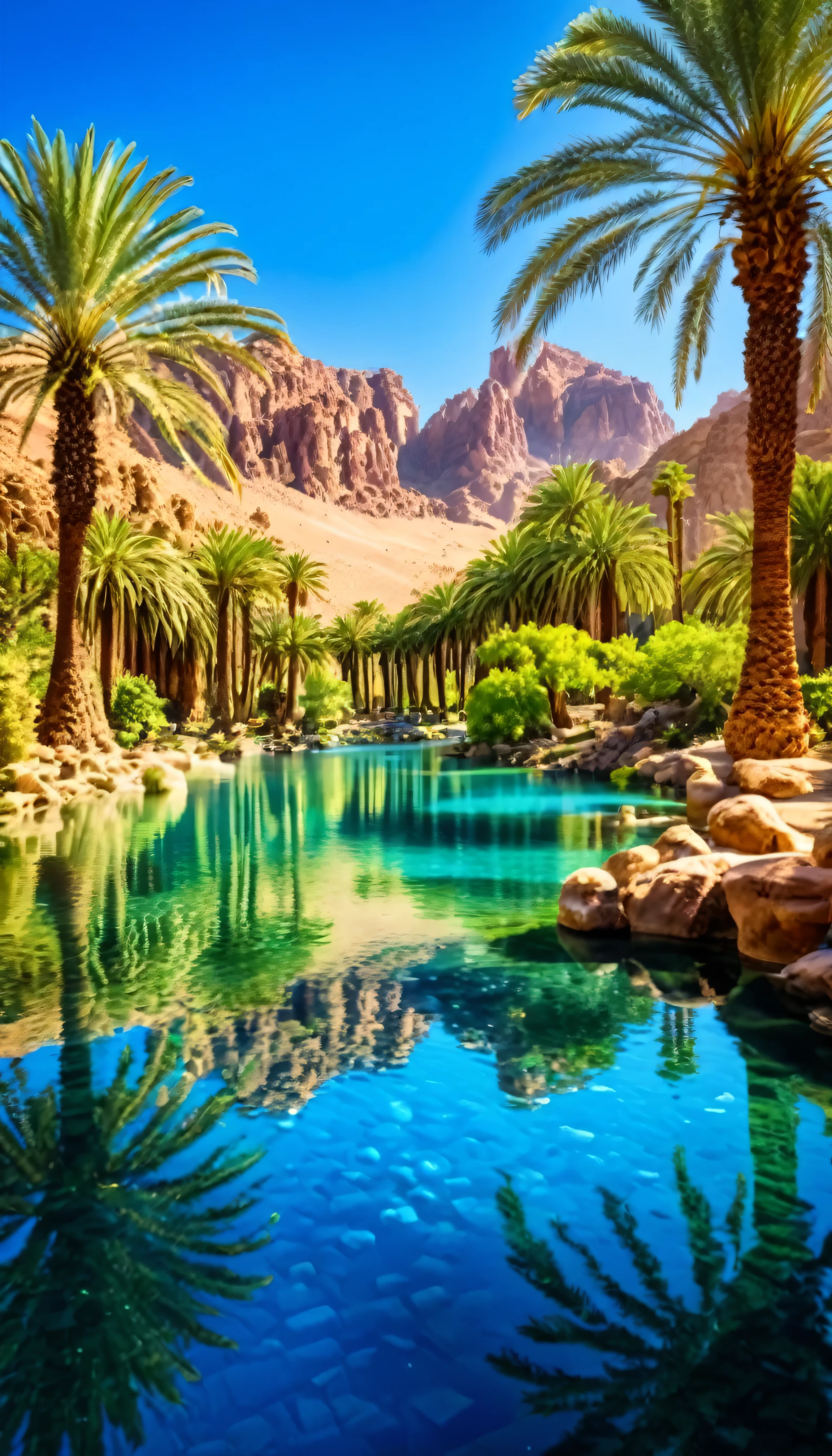 Masterpiece, Best quality, High quality, Extremely detailed Cg Unity 8K wallpaper, Charming and dreamy desert oasis scene, beautiful big blue lake as the focal point, glimmering water surface,with palm trees, The hidden fairytale valley creates a sense of mystery and charm, art  stations, Intricate, Trendy, Award-winning photography, Bokeh, Depth of field, hdr, full bloom, color difference, Photorealistic, Extremely detailed, 