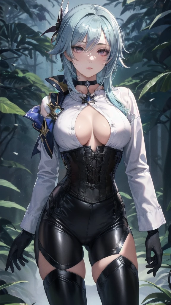 Masterpiece, Beautiful art, professional artist, 8k, Very detailed face, Detailed clothing, detailed fabric, 1 girl, eula, (genshin impact), View from the front, standing, perfectly drawn body, pale skin, serious expression, beautiful face, sky blue hair, 4k eyes, very detailed eyes, pink cheeks, choker:1.6, (white long sleeve button down shirt with white collar), black gloves, gloves that cover hands, (black leather corset), (shiny black leggings), Black leather boots, Sensual Lips, show details in the eyes, dark forest, at night, atmosphere, fog