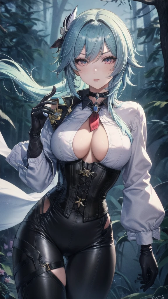 Masterpiece, Beautiful art, professional artist, 8k, Very detailed face, Detailed clothing, detailed fabric, 1 girl, eula, (genshin impact), View from the front, standing, perfectly drawn body, pale skin, serious expression, beautiful face, sky blue hair, 4k eyes, very detailed eyes, pink cheeks, choker:1.6, (white long sleeve button down shirt with white collar), black gloves, gloves that cover hands, (black leather corset), (shiny black leggings), Black leather boots, Sensual Lips, show details in the eyes, dark forest, at night, atmosphere, fog