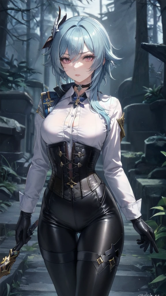 Masterpiece, Beautiful art, professional artist, 8k, Very detailed face, Detailed clothing, detailed fabric, 1 girl, eula, (genshin impact), View from the front, standing, perfectly drawn body, pale skin, serious expression, beautiful face, sky blue hair, 4k eyes, very detailed eyes, pink cheeks, choker:1.6, (white long sleeve button down shirt with white collar), black gloves, gloves that cover hands, (black leather corset), (shiny black leggings), Black leather boots, Sensual Lips, show details in the eyes, dark forest, at night, atmosphere, fog