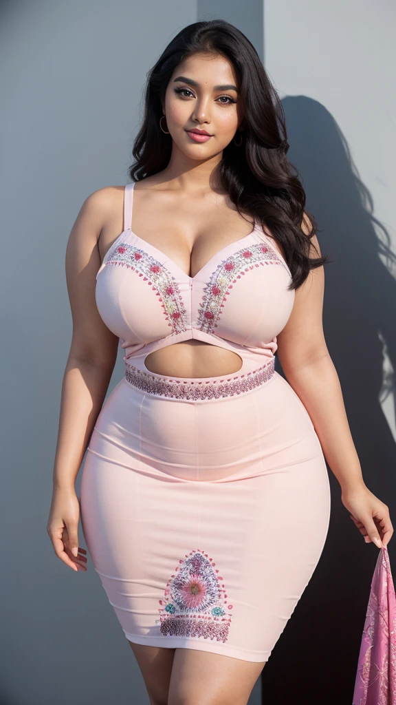 south Indian beautiful woman sexy curvy plus size model wearing different random color skin tight Bollywood Blush Banarasi Dress, eye contact camera view, different style standing position, curvy plus size big hour glass bulky huge figure, big m-cup bulky huge breasts, different style hairstyle, bright eyes, thin eyebrows, fair skin, blushing cheeks, prefect head to thigh close up view, Fashin show background and location, Dreamcatcher Delight Embroidery, ultra realistic skin texture, head to thigh close up view, smile face, shadow lighting effect, hijab