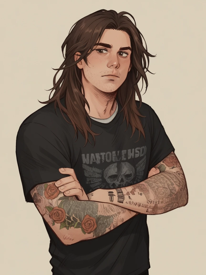 score_9, score_8_up, score_7_up, score_6_up, score_5_up, score_4_up, wh33z13, 1 boy, white skin, Brown long loose hair, simple background, crossed arms, big tattooed arms, withe shirt
