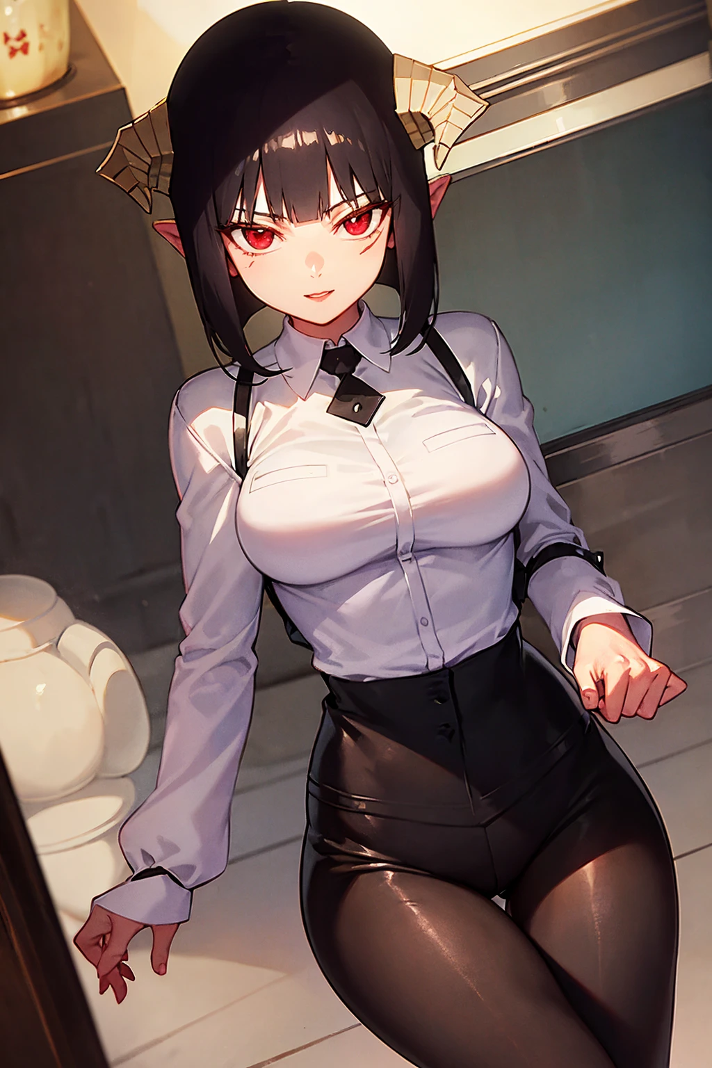 (masterpiece）、（Best image quality）、（Very detailed）、（Very detailed）、4K、（8K）、Best image quality、（beautiful）, 1 Girl,Huge breasts、Thick thighs,Noise Reduction､Emphasis on the crotch､Breast Augmentation,(Black Pantyhose:1.2),The chest is exposed,(nsfw :1.3),(pubic hair:1.3),Sweating,(school uniform:1.2),(Bukkake on thighs:1.2),smile,(Eyes are hearts:1.2),(Sex slave:1.3)