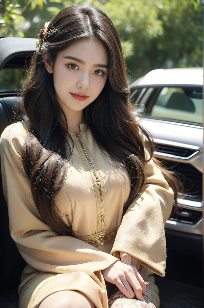 (((best quality))),(((ultra detailed))),(((masterpiece))),illustration,1girl,long hair,bright eyes,rosy cheeks,perfect smile,exquisite dress,intricate patterns,embellishments,slender figure,high-heeled sandals,sleek car,sharp lines,smooth curves,innovative features,interactive dashboard,eco-friendly engine,electric atmosphere,hustle and bustle,convention and exhibition center,((from front,upper body))