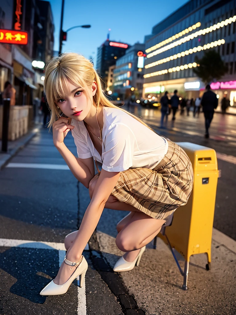 A beautiful Blonde young woman, 19 years old. slight smile, slim, perfect features, V-shaped face, medium bust, long curly blonde hair
in mini skirt and high heels stands on the sidewalk, her back to us, against the backdrop of Moscow city streets. She has long blonde hair tied behind her head with sunglasses hanging from it. and she is wearing a mini skirt and heeled shoes. Her pose shows off her legs, while cars pass by on both sides of the road. In front of him there's another woman walking along the street, also dressed for summer. 

Fashion photography, ultra realistic, Captured Sony Alpha III, aperture f/1.4, 50MP. Naturel back lighting, natural Colors, vibrant colors. -- stylize 250, -- V6, -- q2
