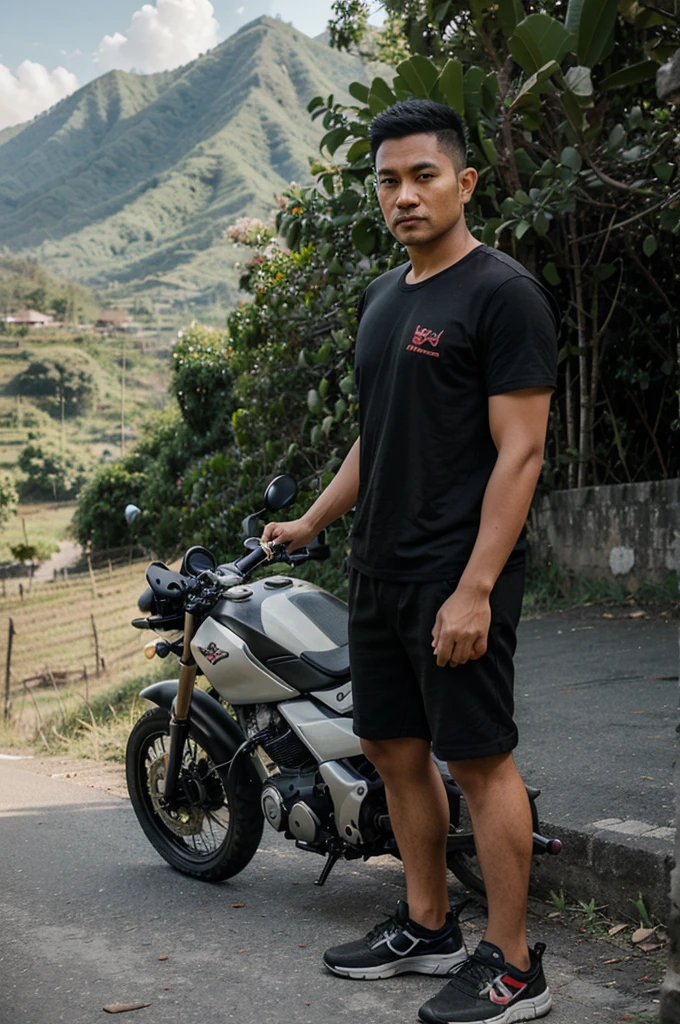rompts
Copy
realistic caricature of a 34 year old Indonesian man, rather full body, using Balinese udeng, wearing a black t-shirt that says "SKILL HER", black shorts, wearing black shoes , was standing next to a black and red trail motorbike, right hand holding the motorbike handlebar, There is a beautiful mountain view in the background, front look, cool, 4k, details best photographer