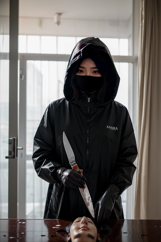 korean girl, (behind corpse, surgical mask), blood splatter, holding knife, stabbing, black gloves, room full of blood, transparent raincoat, hood up, holding knife, black gloves, behind corpse, short hair, night, mass murderer, robbery, in the hotel, light from the window